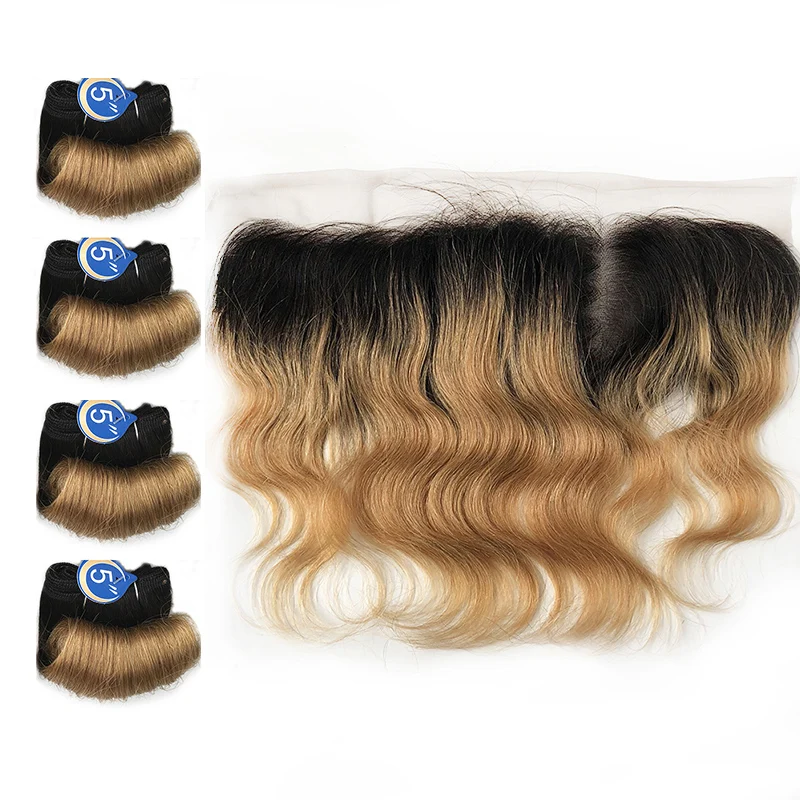 Pacotes curtos do cabelo humano com fechamento, onda brasileira do corpo, pre-arrancado transparente, 4x4, 13x4, T1b27 30