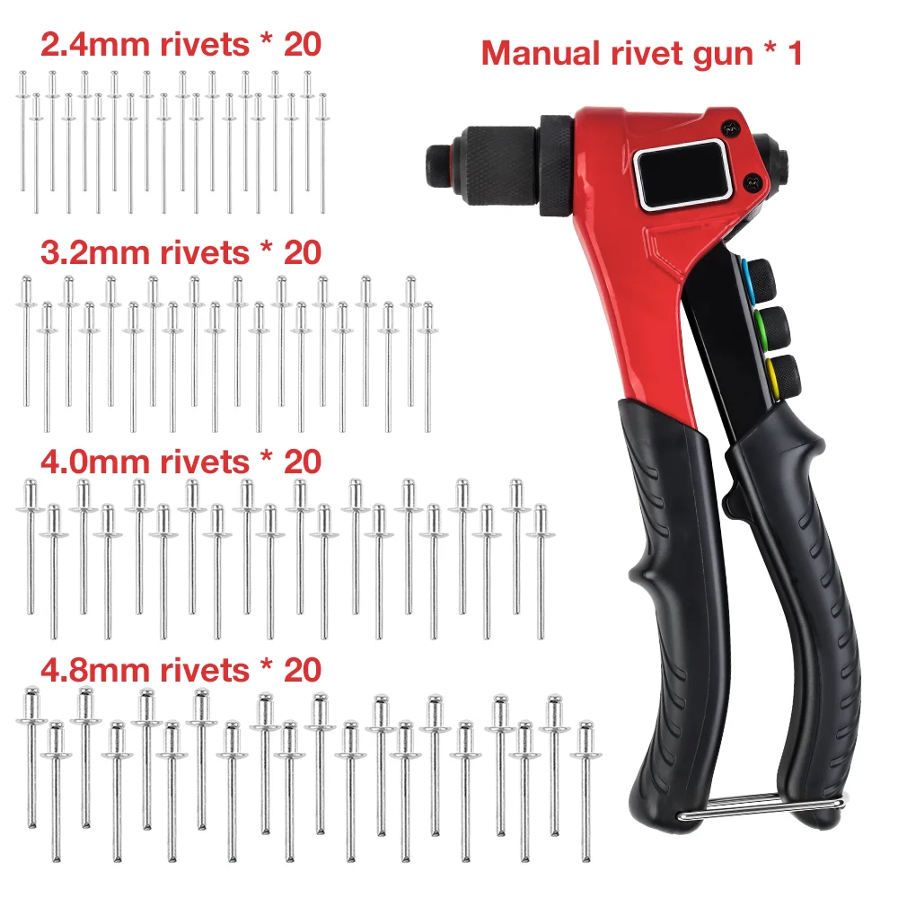Pistolet à riveter manuel 2,4 mm/3,2 mm/4,0 mm/4,8 mm, outil de rivetage rapide à faire soi-même, avec 4 têtes de rivet interchangeables et 80 rivets, ensemble d'outils de pistolet à riveter aveugle