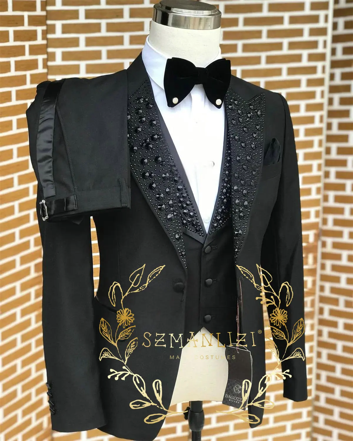 Czarne garnitury męskie Luksusowe smokingi z kryształkami na zamówienie Garnitur dla pana młodego 3-częściowy Biznesowy męski blezer na studniówkę Slim Fit Custome Homme