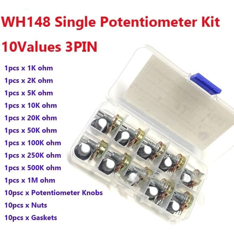 10 Sätze 15 mm WH148 Rändelwelle 3 Anschlüsse Linear Taper Drehpotentiometer Sortiment Kit B1K 2K 5K 10K 20K 50K 100K 250K 50
