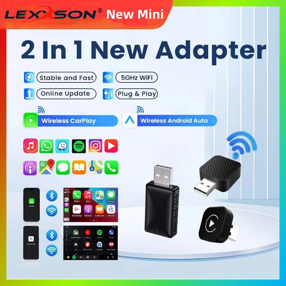 2 in 1 AI Box Mini Adapter Wired to Wireless Carplay&Android Auto Compatible with 99% of Cars Plug and Play WiFi Smart Dongle