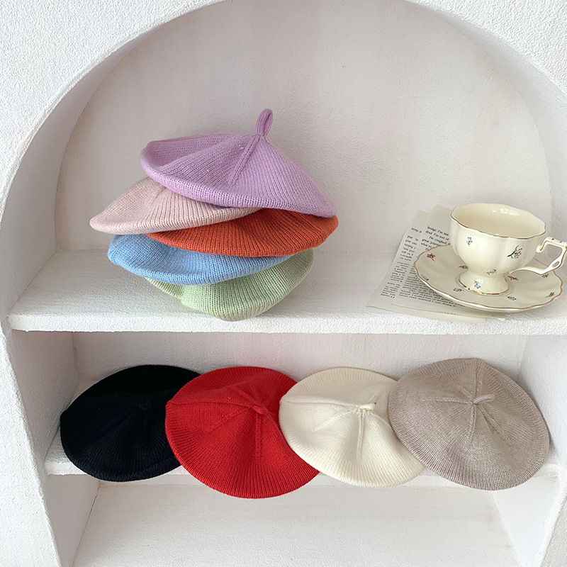 แฟชั่นเด็กถัก Beret หมวกสีทึบเด็กหมวกฤดูใบไม้ร่วงฤดูหนาวจิตรกรหมวกสําหรับสาวเด็ก Bonnet อุปกรณ์เสริม