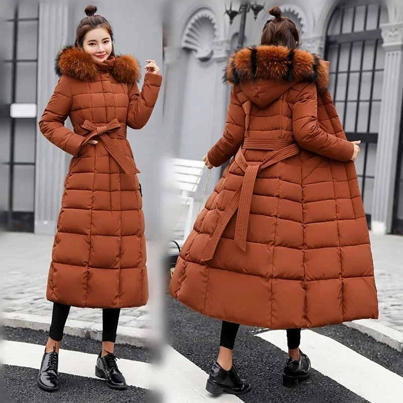 2023เสื้อแจ็คเก็ตฤดูหนาวใหม่ผู้หญิงแฟชั่นโบว์เข็มขัดFox Fur Collar Coatชุดยาวผู้หญิงเสื้อหนา