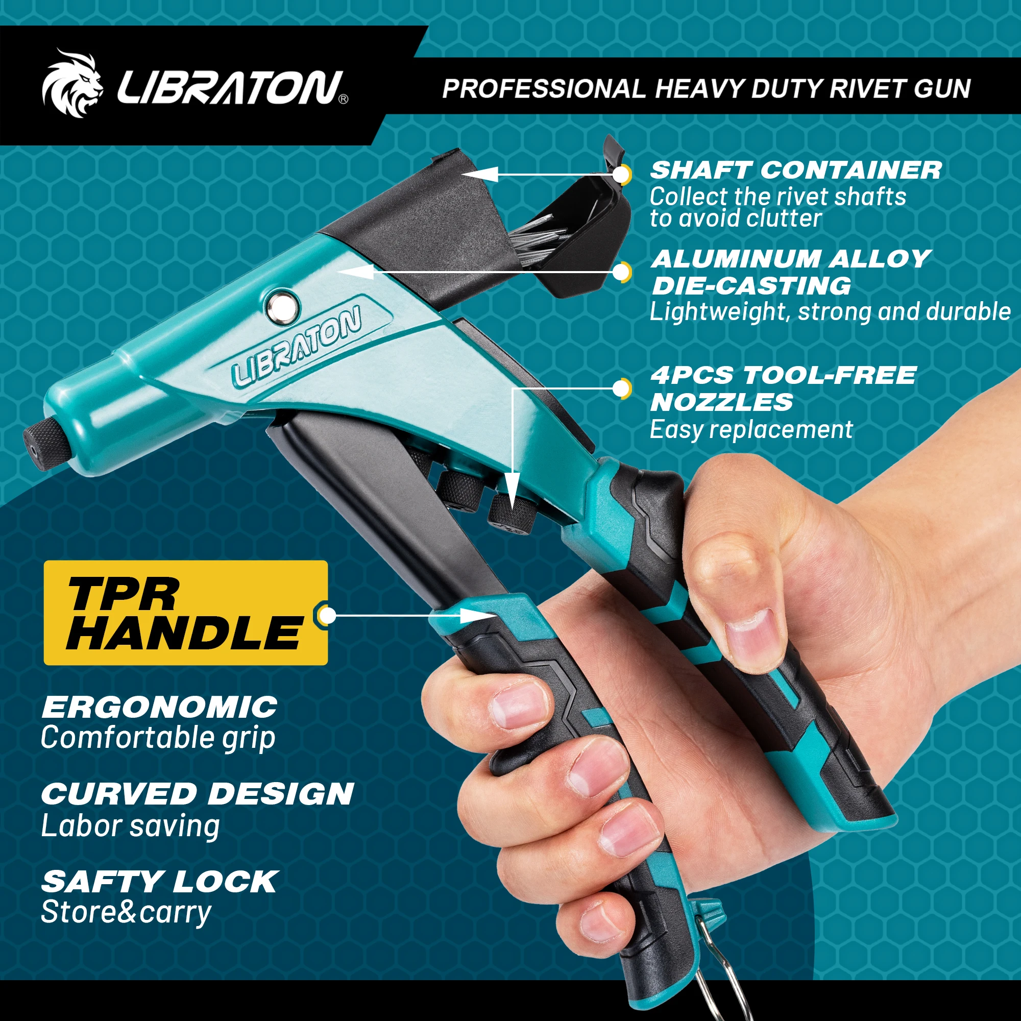 LIBRATON Heavy Duty Rivet Gun Kit, Professional One-Handed Pop Rivet Gun, Manual Riveting Tool for Metal, Wood and Plastic