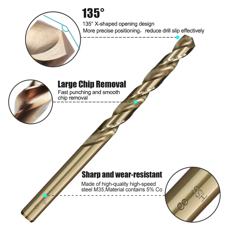 1.0-13mm Cobalt Coated Twist Drill Bit Set HSS M35 Gun Drill Bit For Wood/Metal Hole Cutter Power Tools