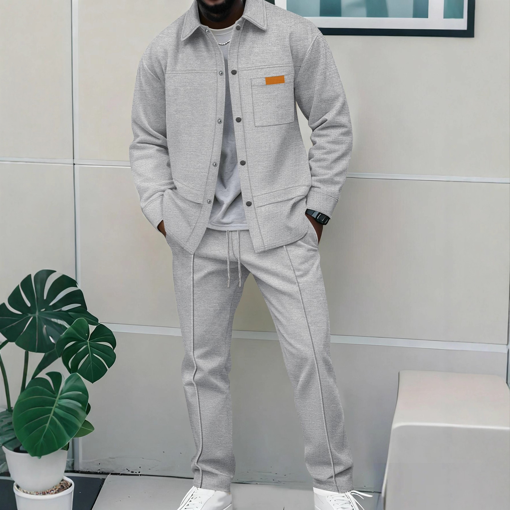 Primavera e outono masculino de alta qualidade waffle cor pura conjunto de jaqueta de bolso - uma roupa elegante e casual de duas peças
