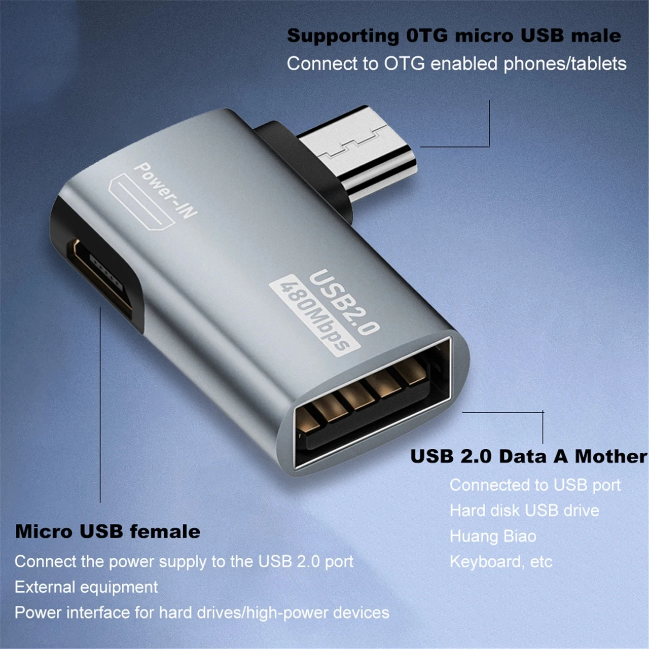 OTG Cable Adapter 4K 90Degree Left Angle Powered Micro USB 2.0 To USB OTG micro Adapter For TV Tablet Fire TV Stick One drag two