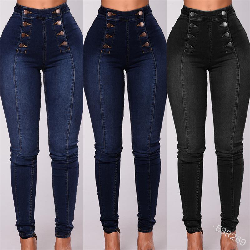 Mulheres elegantes vintage estiramento bodycon jeans moda casual duplo breasted cintura alta calças jeans magros
