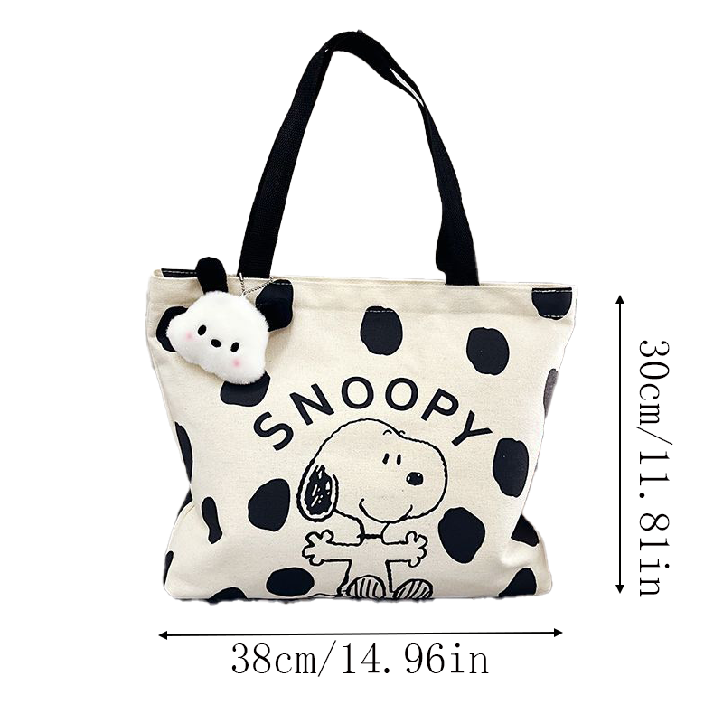 Miniso snoopy bolsa de lona feminina, bolsa de grande capacidade, moda desenho animado, bolsa de ombro multiuso com suspensão