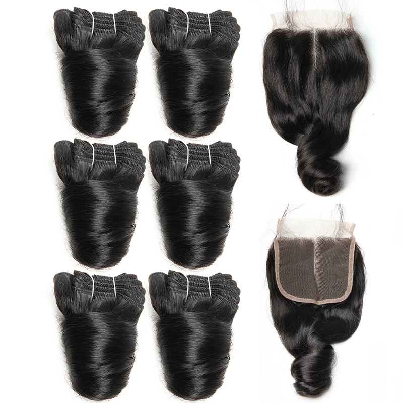 Pacotes de cabelo humano curto com fechamento tecelagem brasileira onda solta 6 pacotes com fechamento 4x4 extensões encaracoladas saltitantes naturais