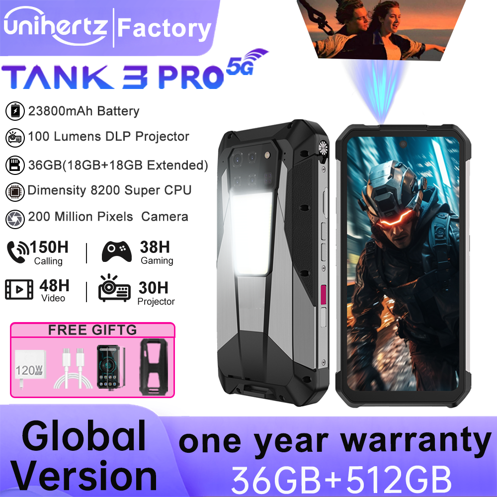 Unihertz Tank 3 Pro 8849 Projector Smartphone Android 14 5G Phone, 32GB 512GB, 200MP Camera, Dimensity 8200, IP68, Bluetooth 5.3