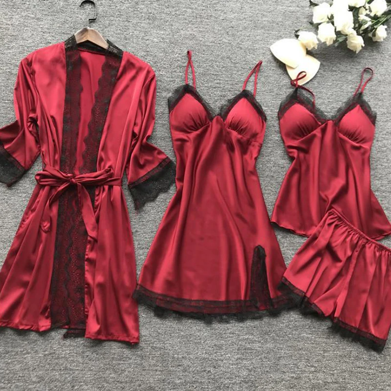 4 peças pijamas de renda sexy feminino moda com decote em v vestido conforto pijamas pijamas com almofadas no peito camisola casual loungew