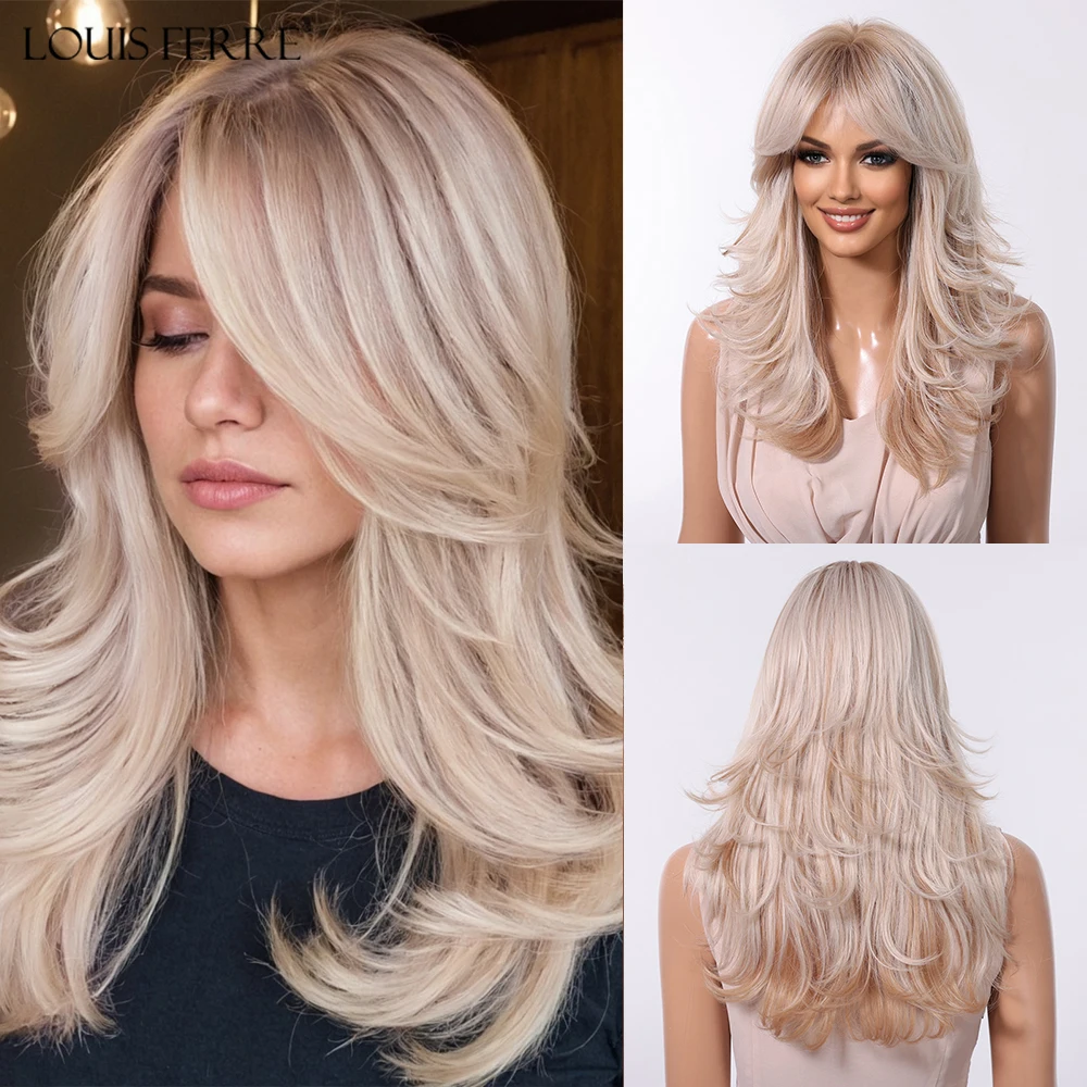 Pelucas sintéticas ombré rubias y marrones para mujer, pelucas onduladas en capas de longitud media con flequillo lateral, pelo falso resistente al calor para fiestas diarias