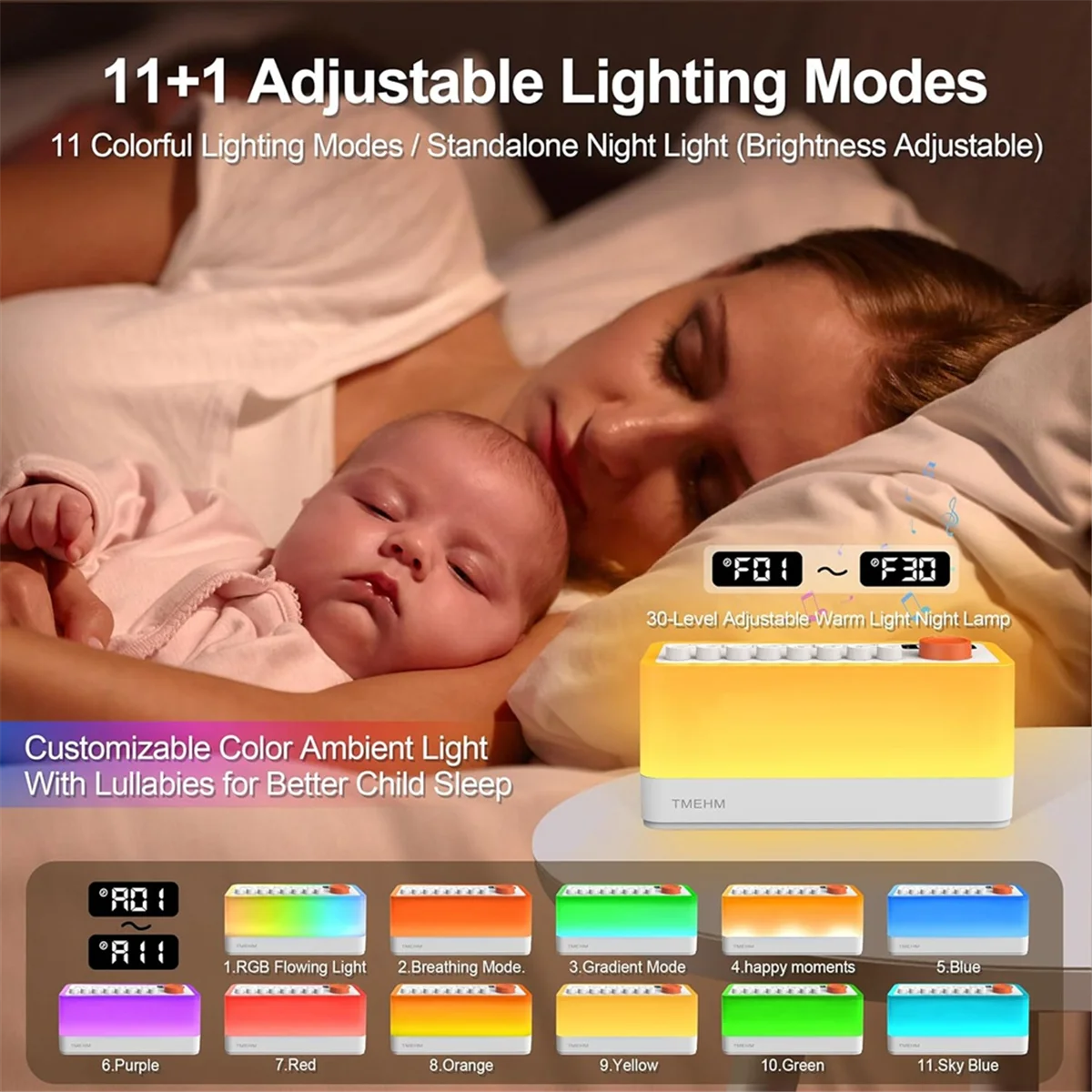 BABQ White Noise Sleep Sound Machine with 8 Nature Sounds, Portable Bluetooth Speaker, 12 Colors Night Lights