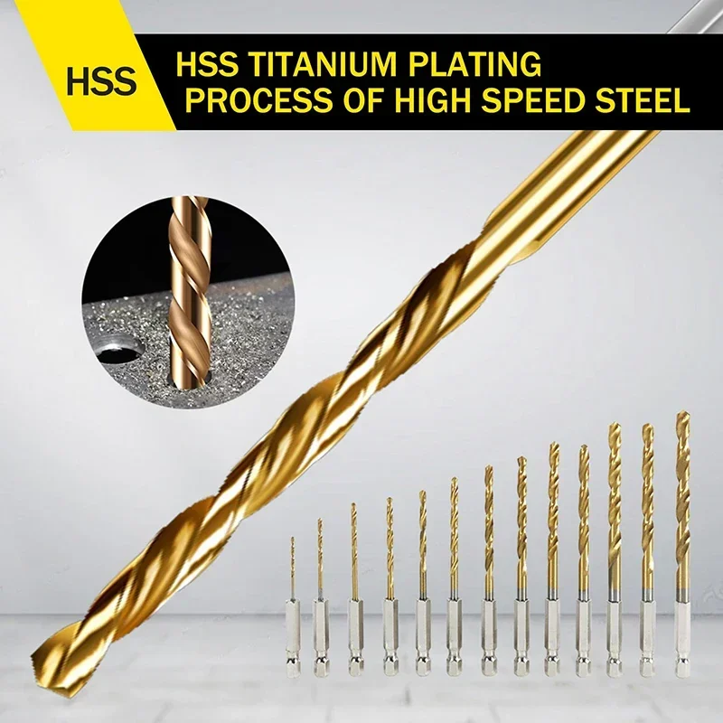 13 pçs alça hexagonal titânio torções broca 1.5-6.5mm broca elétrica chave de fenda perfuração alargamento ferramenta broca espiral