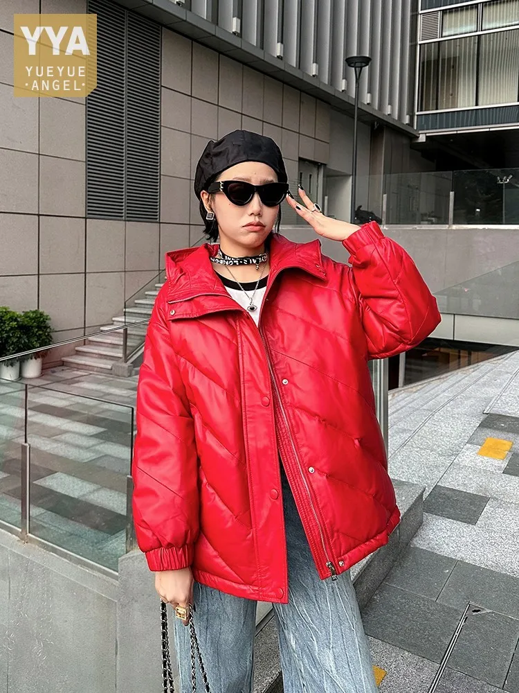 Winter mode Frauen lässig locker sitzen Kapuze weiße Enten Daunen jacke Schaffell Echt leder Mantel dicken warmen wind dichten Mantel