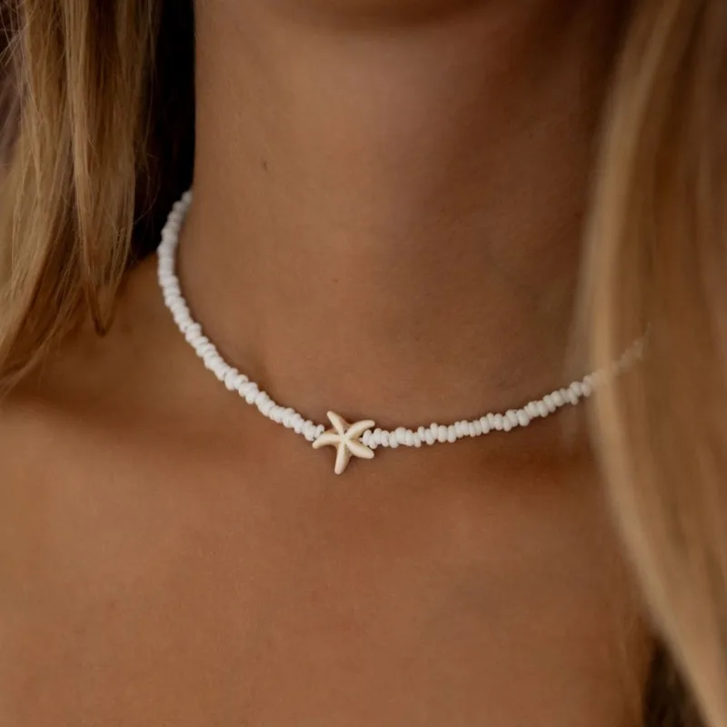 Tidepool Collar de estrella de mar - Joyería boho de surf y playa Collares de gargantilla con cuentas de tortuga de estrella de mar, collares ajustables, regalo del océano