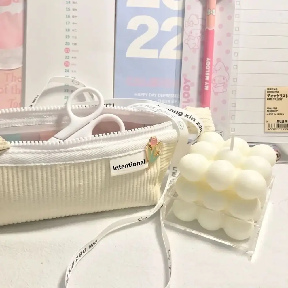 Creative Corduroy Pencil Case Large Capacity Zipper Toiletry Bag INS Style Pen Bag Student Gift
