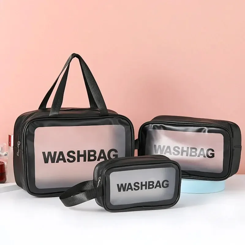 Bolsa de artículos de tocador y maquillaje transparente de tres estilos, bolsa de almacenamiento portátil esmerilada semitransparente de Pvc de gran capacidad, 1 ud.