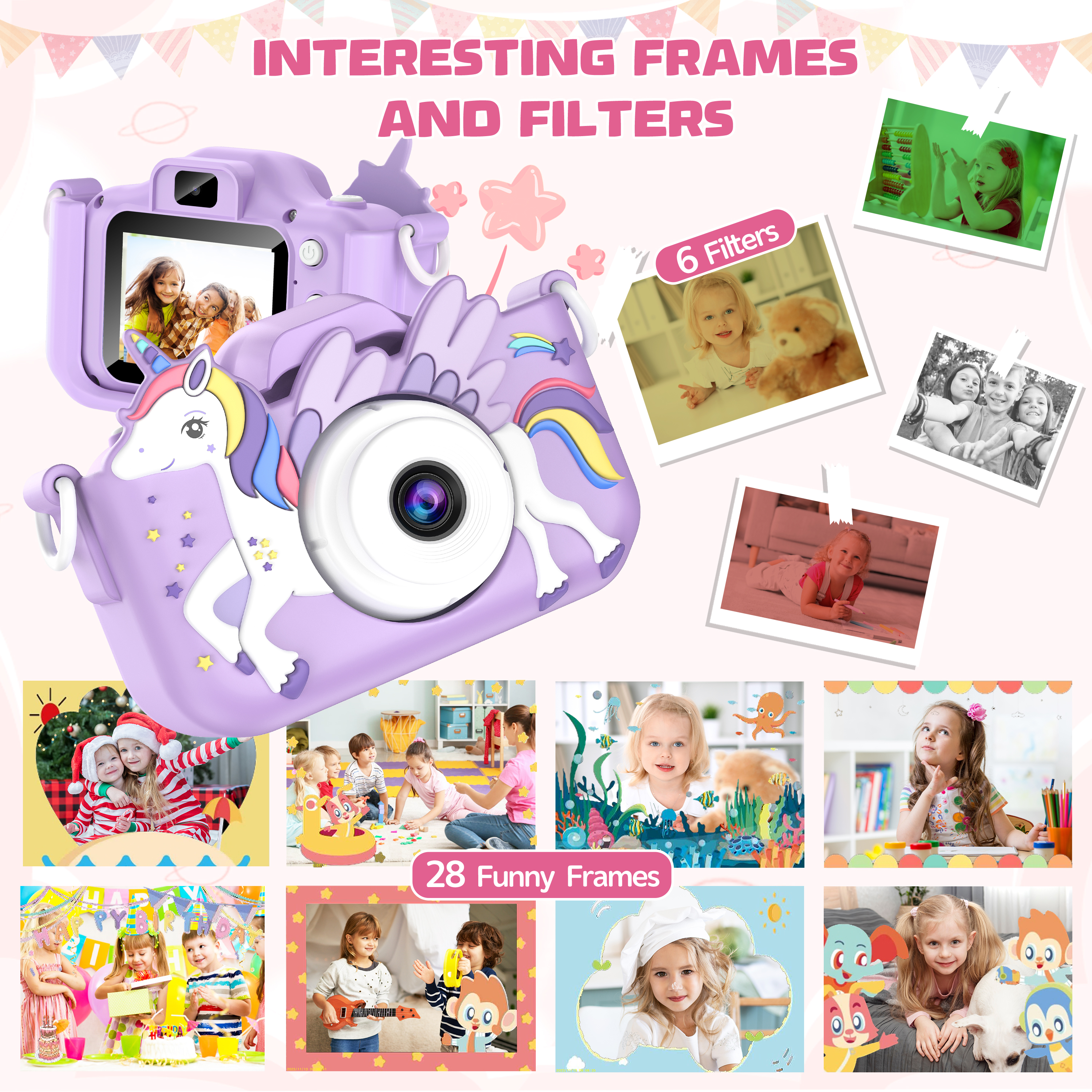 Câmera digital infantil de 2,0 polegadas, recarregável, desenho animado, brinquedo, 48MP, 1080P, HD, mini câmera selfie, presente para meninos e meninas