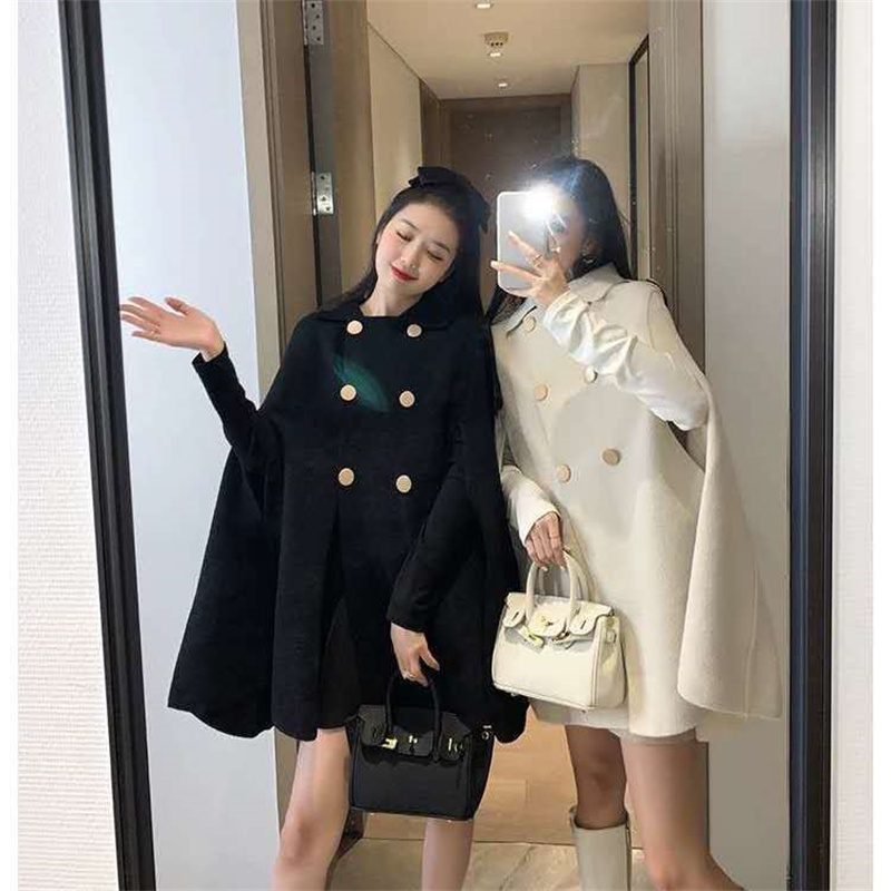 Mode Woolen Poncho Mäntel für Frauen Herbst Winter Solide Cape Mantel Mantel Lose Mantel Weibliche Zweireiher Revers Jacken