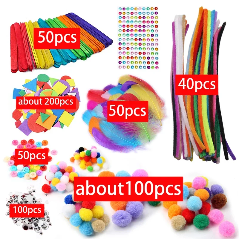 เด็ก Creative Plush Stick Pompoms สายรุ้งสี Feather Eyes สติกเกอร์การศึกษา DIY ของเล่น Handmade Art Craft Devoloping ของเล่น