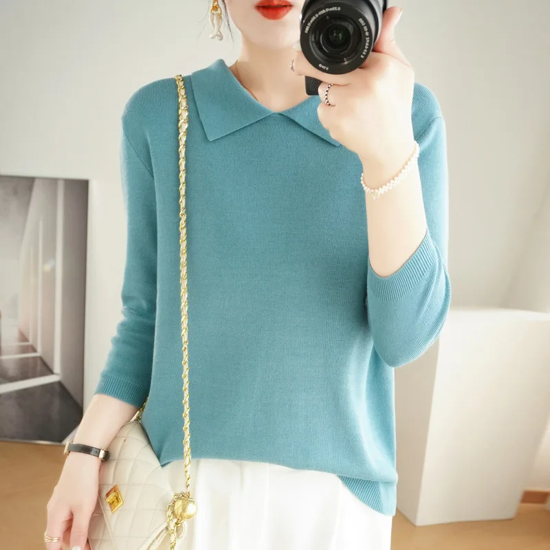 POLO Collar Women's Knitted Sweater Cashmere Blend Autumn And Winter New Solid Color Simple Inner Slimming And Age-reducing Top