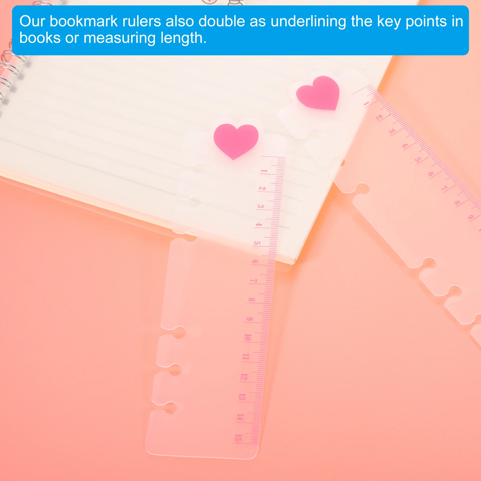 10Pc Bookmark Ruler Snap-in Ruler Page Marker Book Mark Measuring Tools Drawing Tool for 6-Hole Binder Notebook Pink Heart Shape