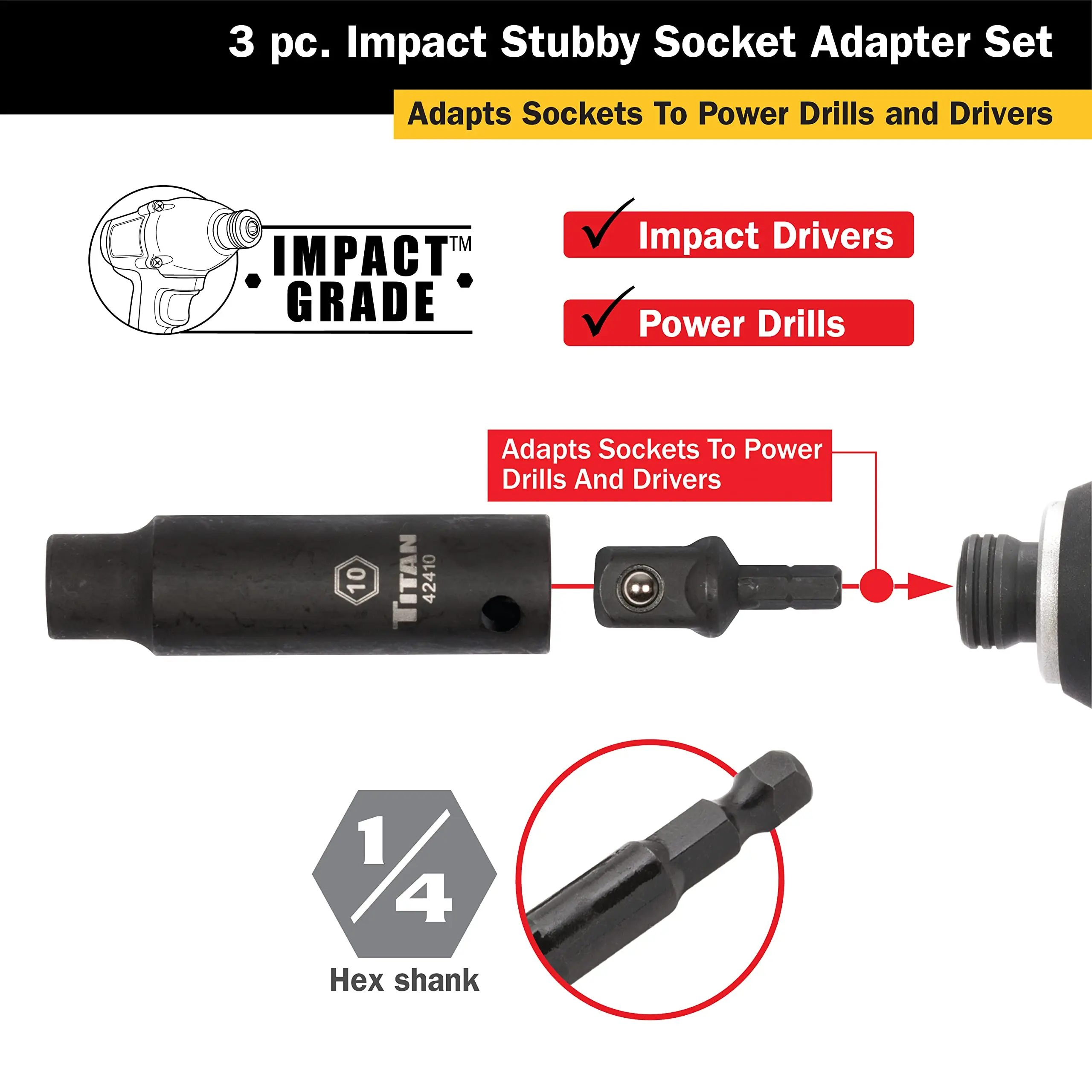 SenNan 3pcs Impact Socket Adapter 1/4 3/8 1/2" Nut Driver Sockets Hex Shank Extension For Screwdriver Handle Tool Black/Silver