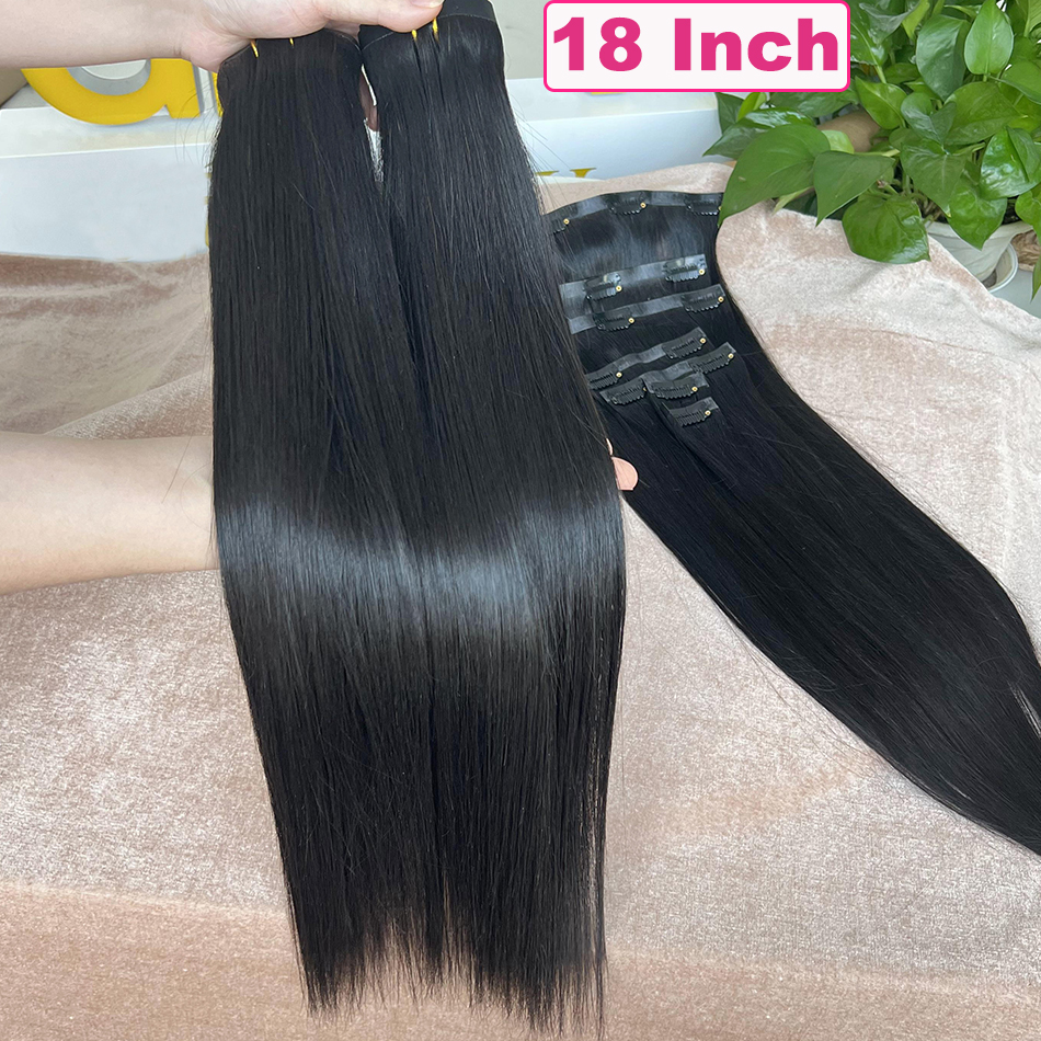 Yiwigs 12A ストレートシームレス PU 横糸クリップヘアエクステンション実体波 100% 本物の生人毛未処理 100 グラム 7 ピース/セット