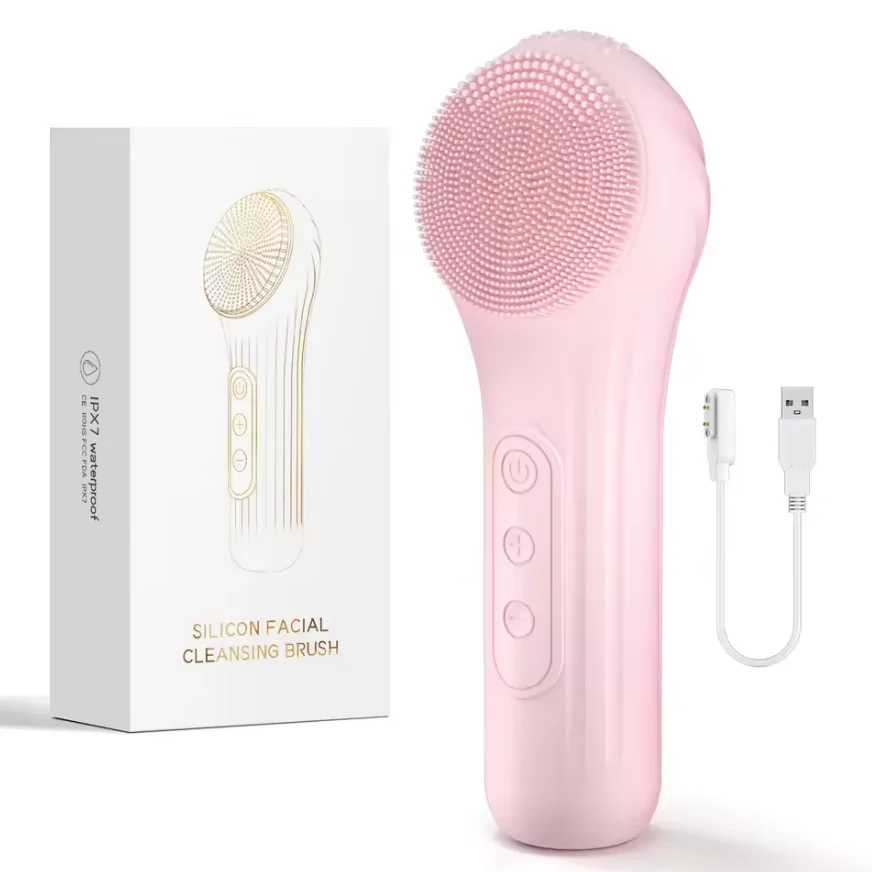 Escova elétrica de limpeza facial, purificador facial de silicone com vibração de aquecimento, escova de lavagem facial à prova d'água com 5 velocidades ajustáveis