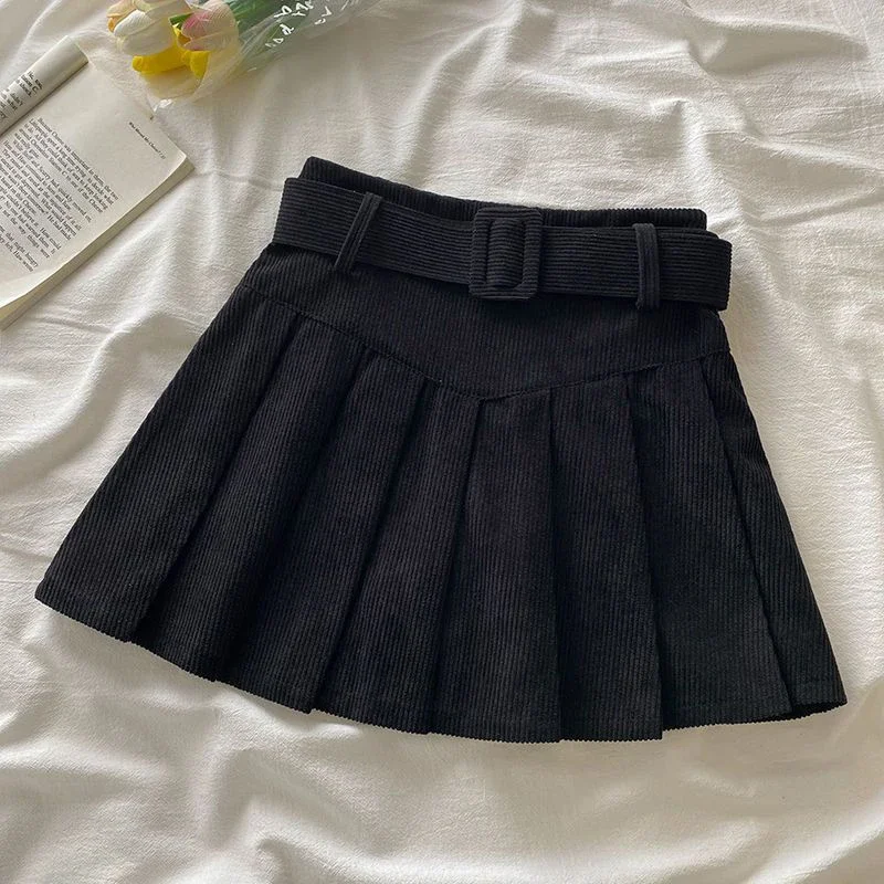 Falda plisada con cinturón de cordón para mujer, minifalda plisada con textura de pana y cinturón, traje escolar de Otoño Invierno para adolescentes y adolescentes