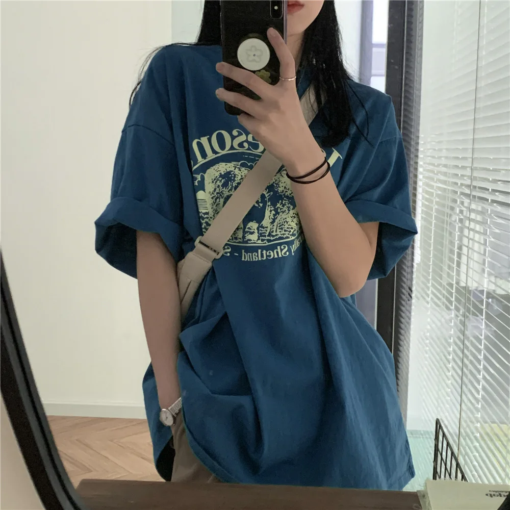 Cseta de manga corta hoada de estilo coreano para mujer, estilo vintage de verano, con estampado de texto creativo