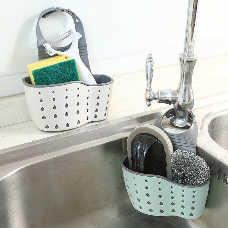 1 PC Double SINK Draining แขวนกระเป๋าปรับกดก๊อกน้ําชั้นวางฟองน้ําคู่ตะกร้าเก็บอุปกรณ์ครัว