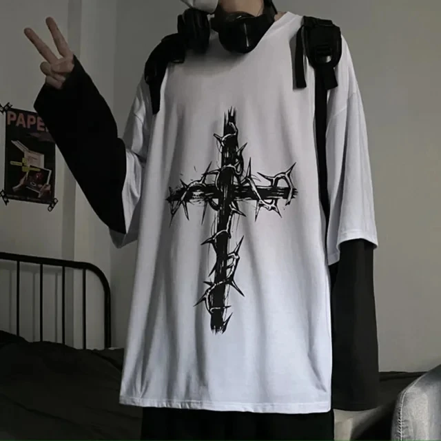 男性 Tシャツ秋の男性服アニメカジュアル長袖特大 Y2K Tシャツ原宿ストリート学術ヒップホップ tシャツトップス
