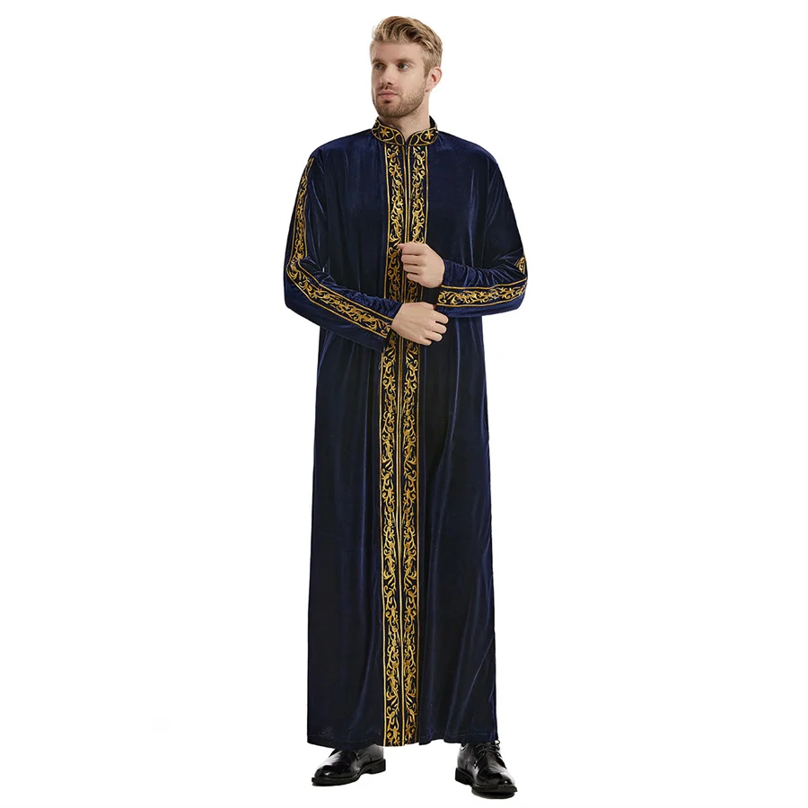 Caftan muçulmano masculino gola bordado ramadan thobe com manga longa robe islâmico kaftan thawb dubai tornozelo comprimento abaya