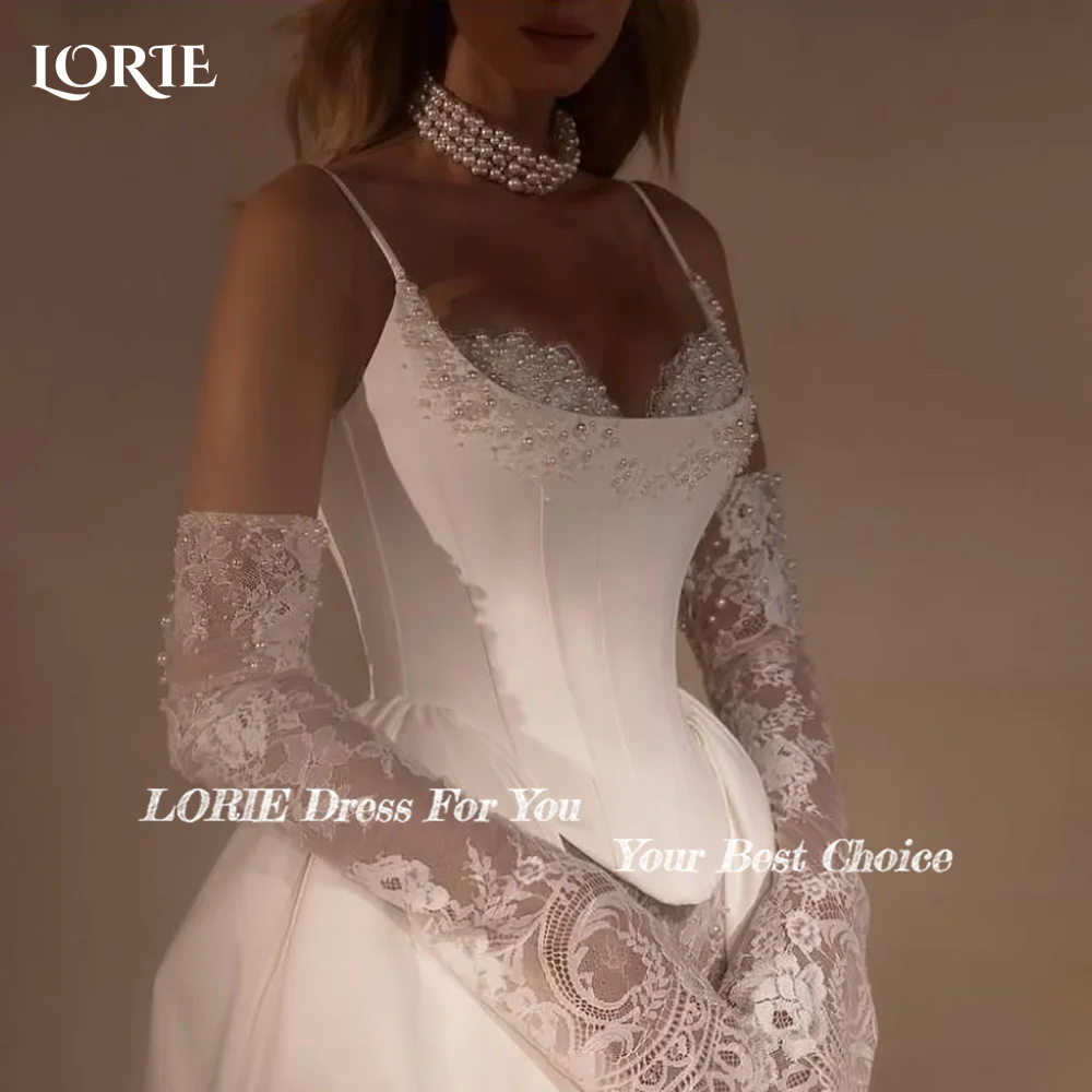 LORIE ลูกไม้ Applique ชุดแต่งงานสปาเก็ตตี้รัดตัวชุดเจ้าสาวกวาดรถไฟ Backless เจ้าหญิงชุดเจ้าสาวที่กําหนดเอง