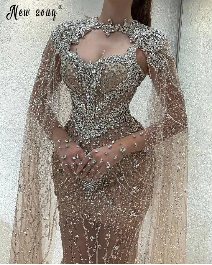 Illusion Long Cape Sleeve Champagne Prom Dresses Crystals Wedding Party Dress Chic Customized Evening Dress Robes De Soirée