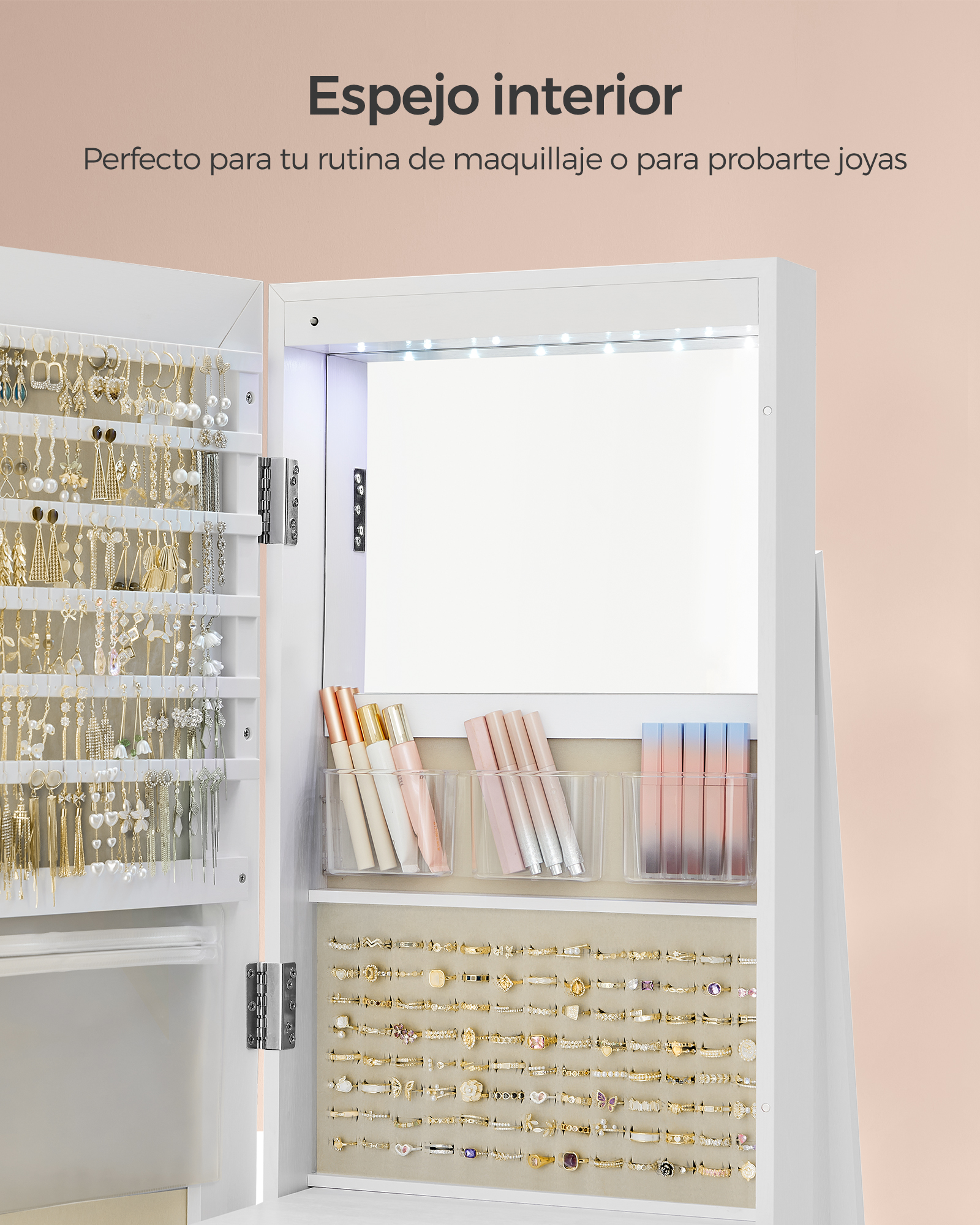 SONGMICS 6 LEDs Mirror Jewelry Cabinet, 360° Swivel Organizer, Lockable Free-Standing Full-Length Mirror with Storage