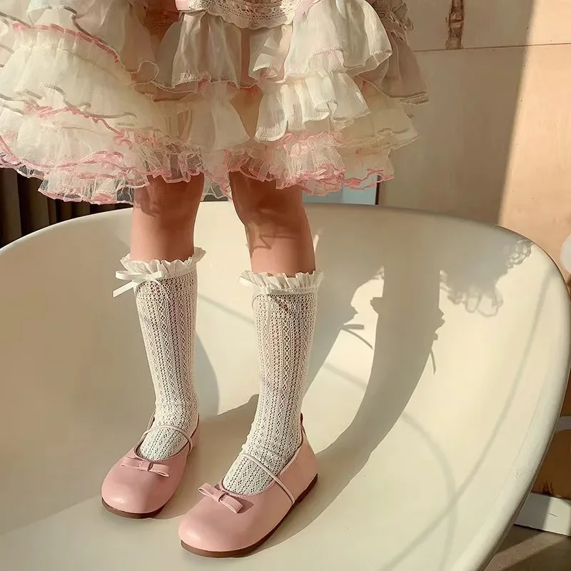 Calze lunghe da ragazza in pizzo a tubo, modello con fiocco dolce, calzino a rete, per bambina, balletto, rete da pesca, calzini con volant, leggings Lolita