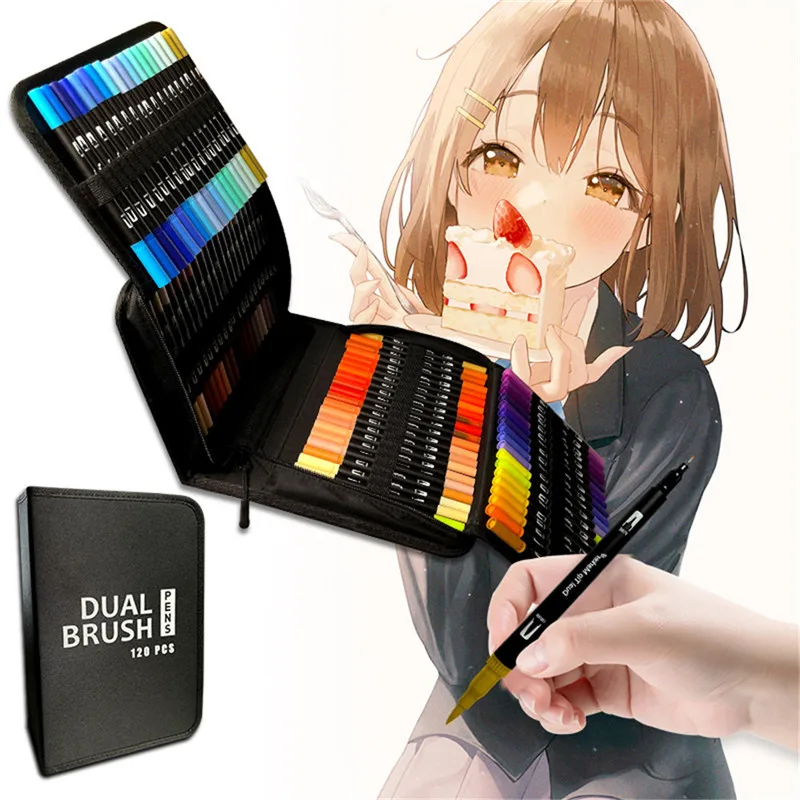60/120 Art Marker Set met dubbele punt Levendige aquarelfineliner en penseelpennen - Duurzaam etui met ritssluiting - Zachte tips om te kleuren