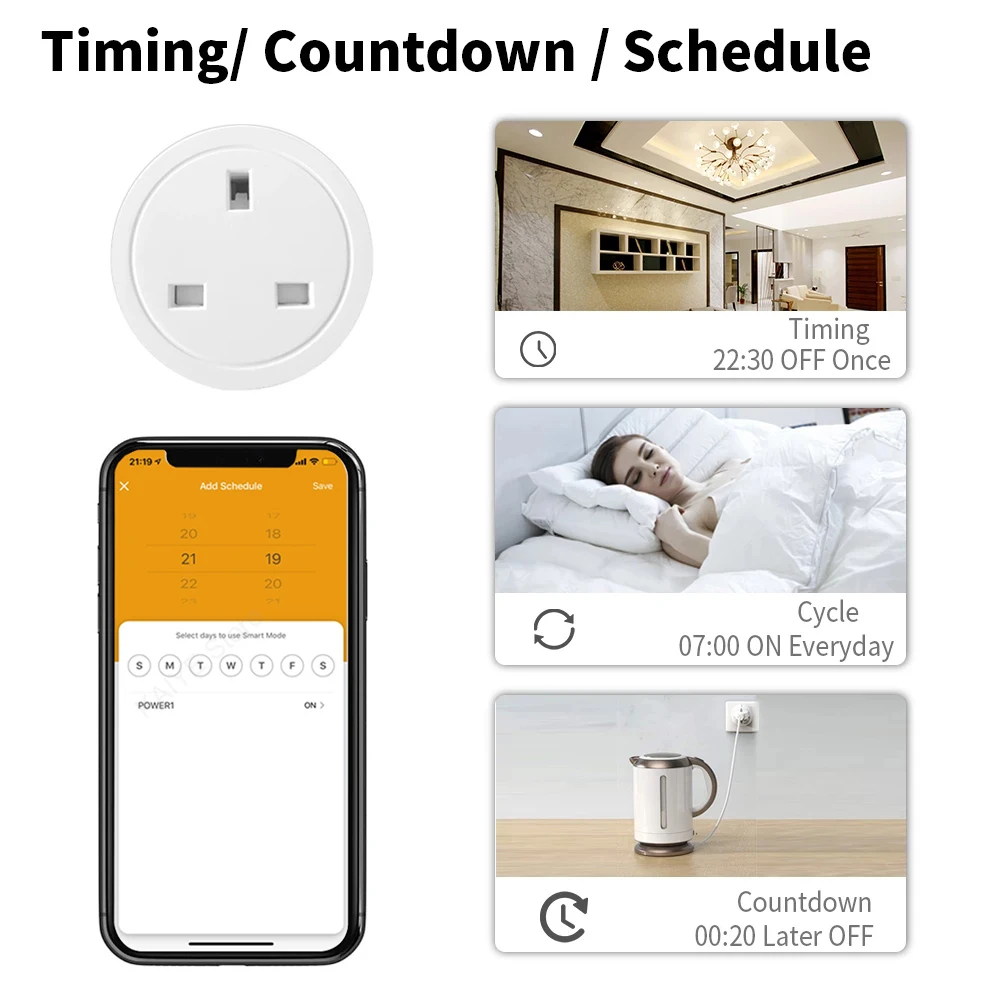 Enchufe inteligente Zigbee de 20A para el Reino Unido, Minitoma inalámbrica con Monitor de energía de corriente, Compatible con Alexa, Google Home, Tuya Hub