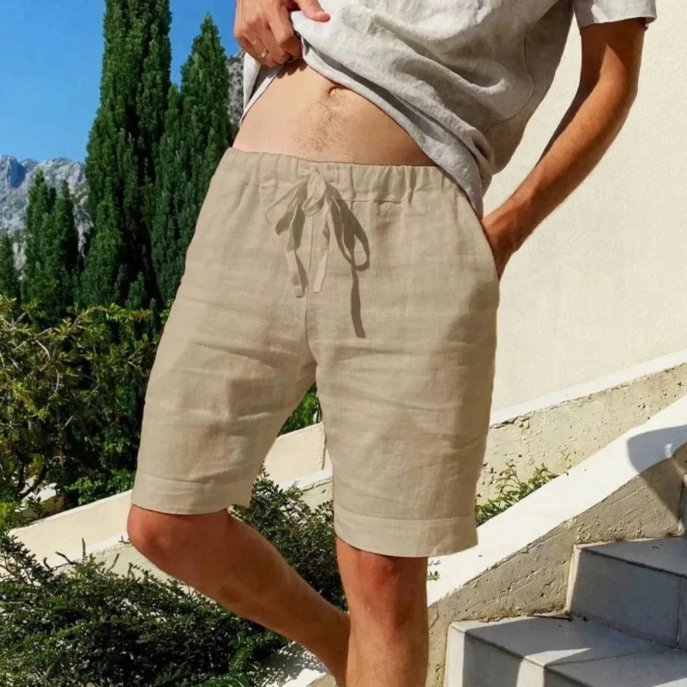Pantalones cortos transpirables de lino y algodón para hombre, pantalones de playa hawaianos, ropa de calle versátil suelta, Color sólido, novedad de verano