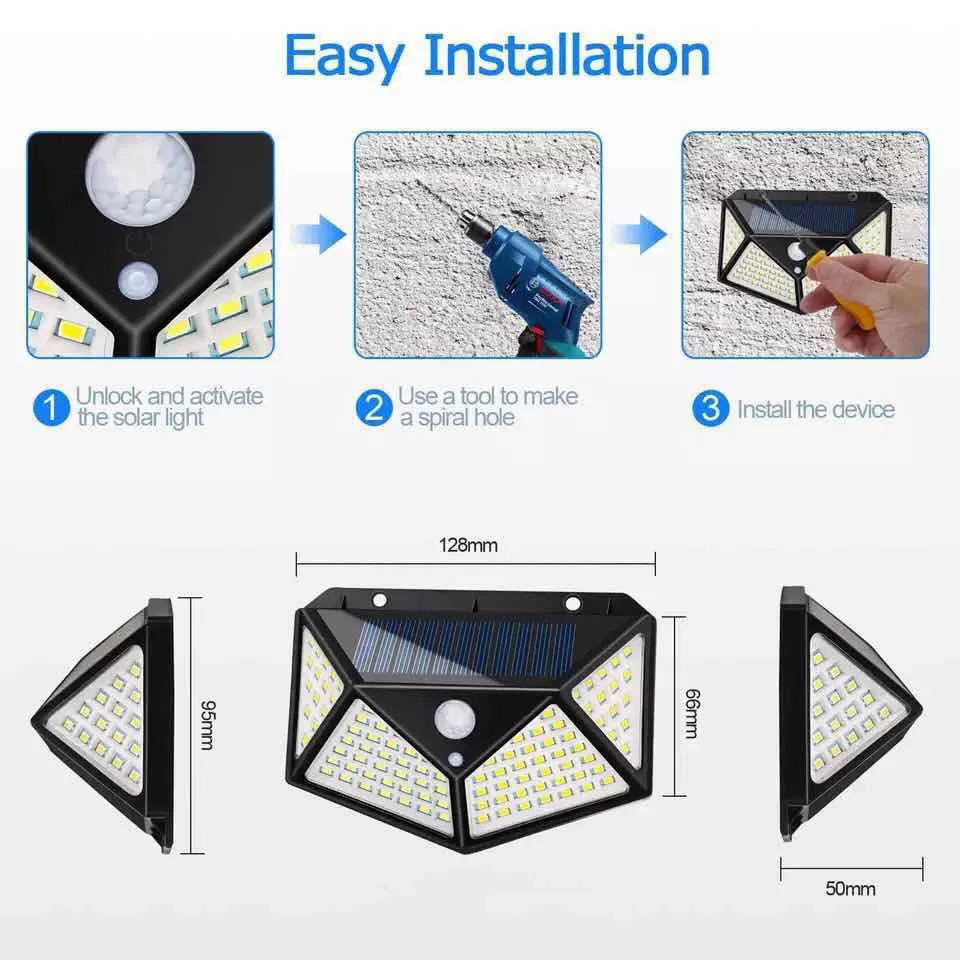 100 LED 벽 조명 야외 태양광 램프, PIR 모션 센서, 정원 장식용 태양광 가로등, 1 개, 2 개, 4 개, 6 개