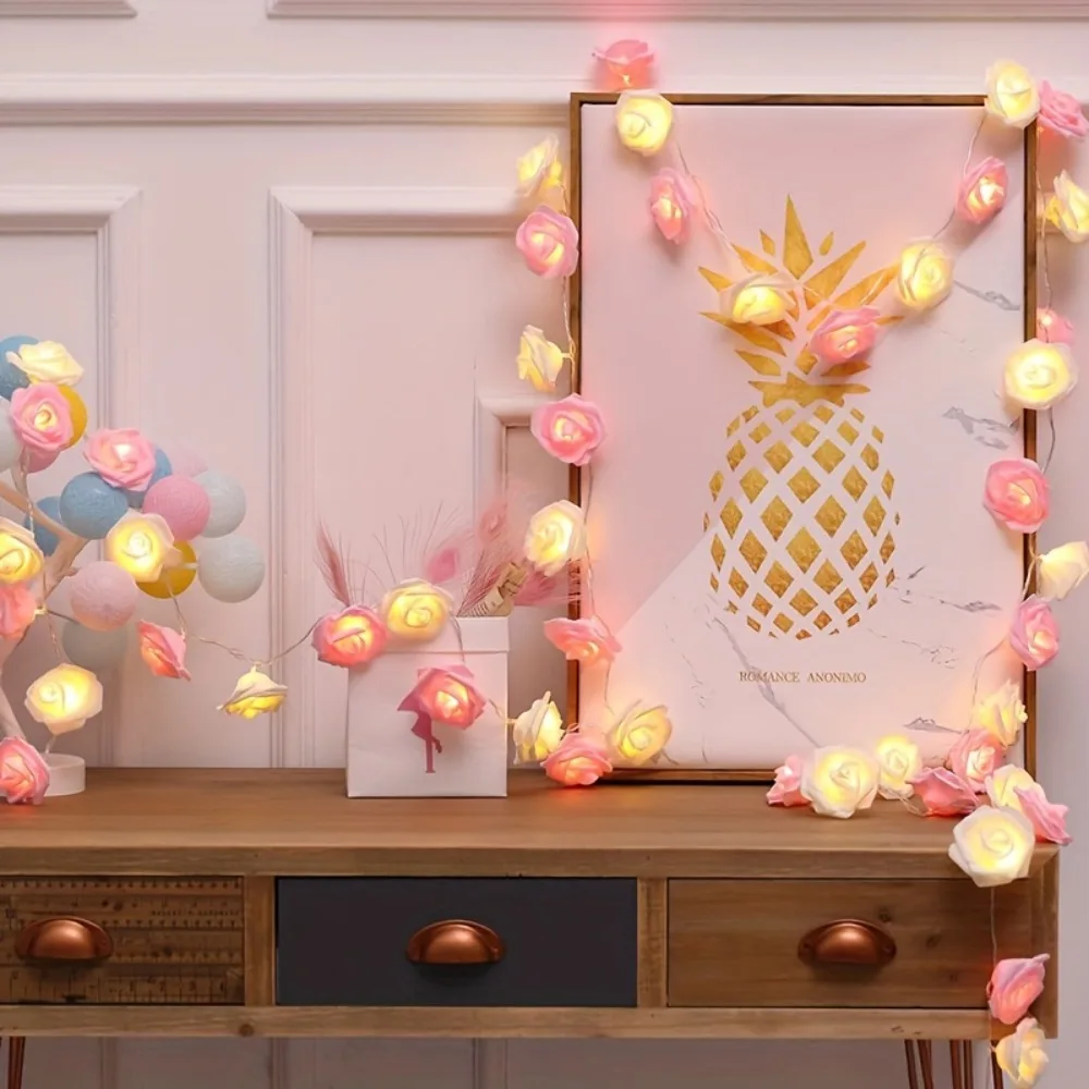 Luzes LED Rose String para decoração do quarto, Luz noturna do jardim sem bateria, Branco e rosa, 2m, 10 luzes, 1pc