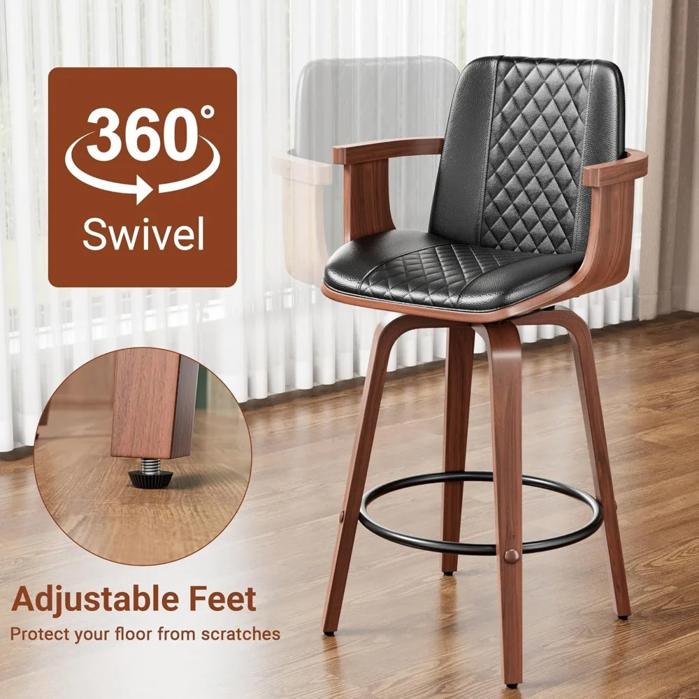 Bar Stools Set of 4, 26" Bentwood Barstools with Wooden Arms,Counter Height Swivel Bar Chairs PU Leather with High Back,Footrest