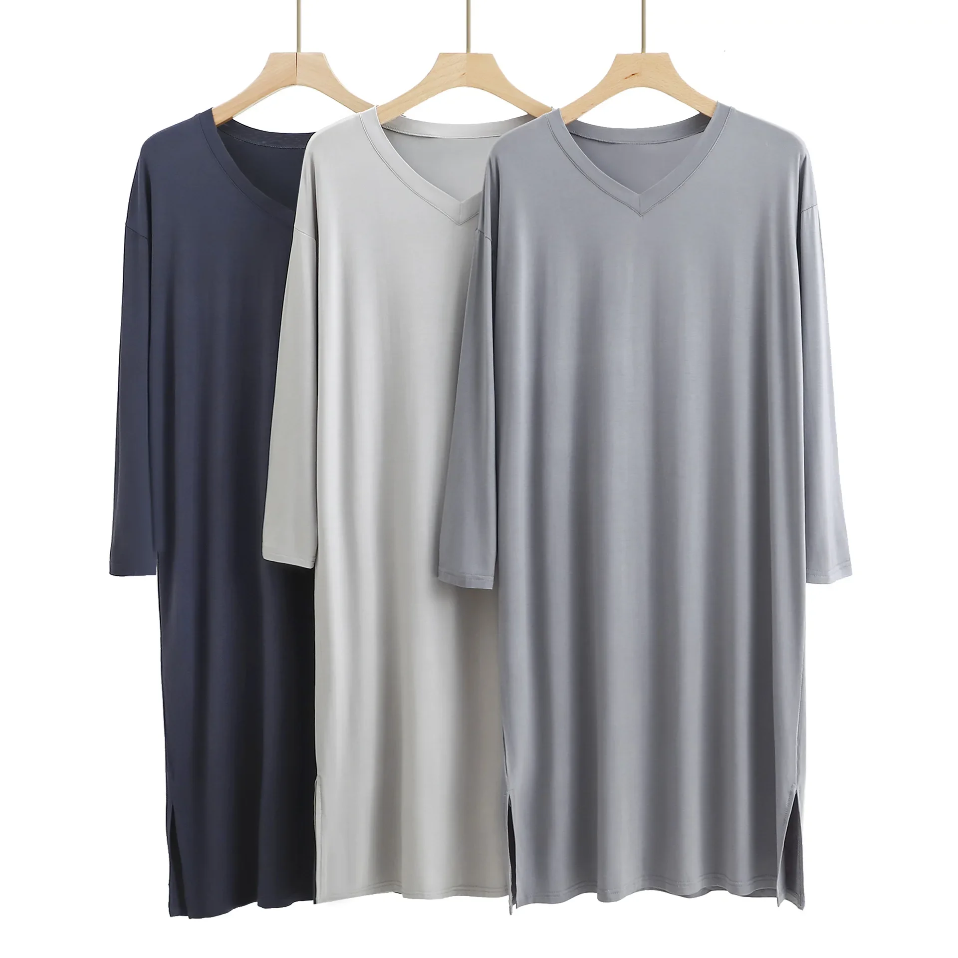 Pyjama Modal pour hommes, robes de nuit, Style Long, longueur au dessus du genou, col en v, manches longues, grande taille, peignoir pour hommes