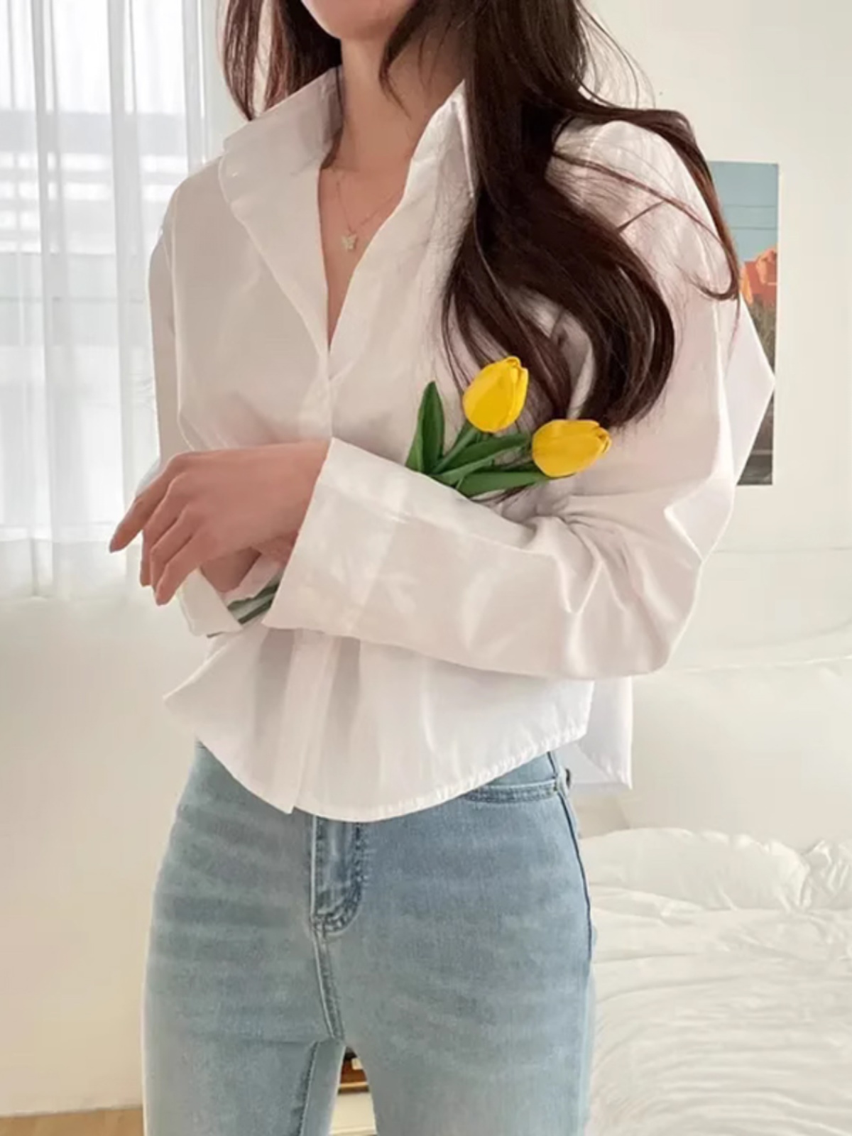 White Short Sleeveless Polo Collar Shirt for Women Spring Autumn Loose Fit Korean Sle Long Sleeve Single Button Ladies Top