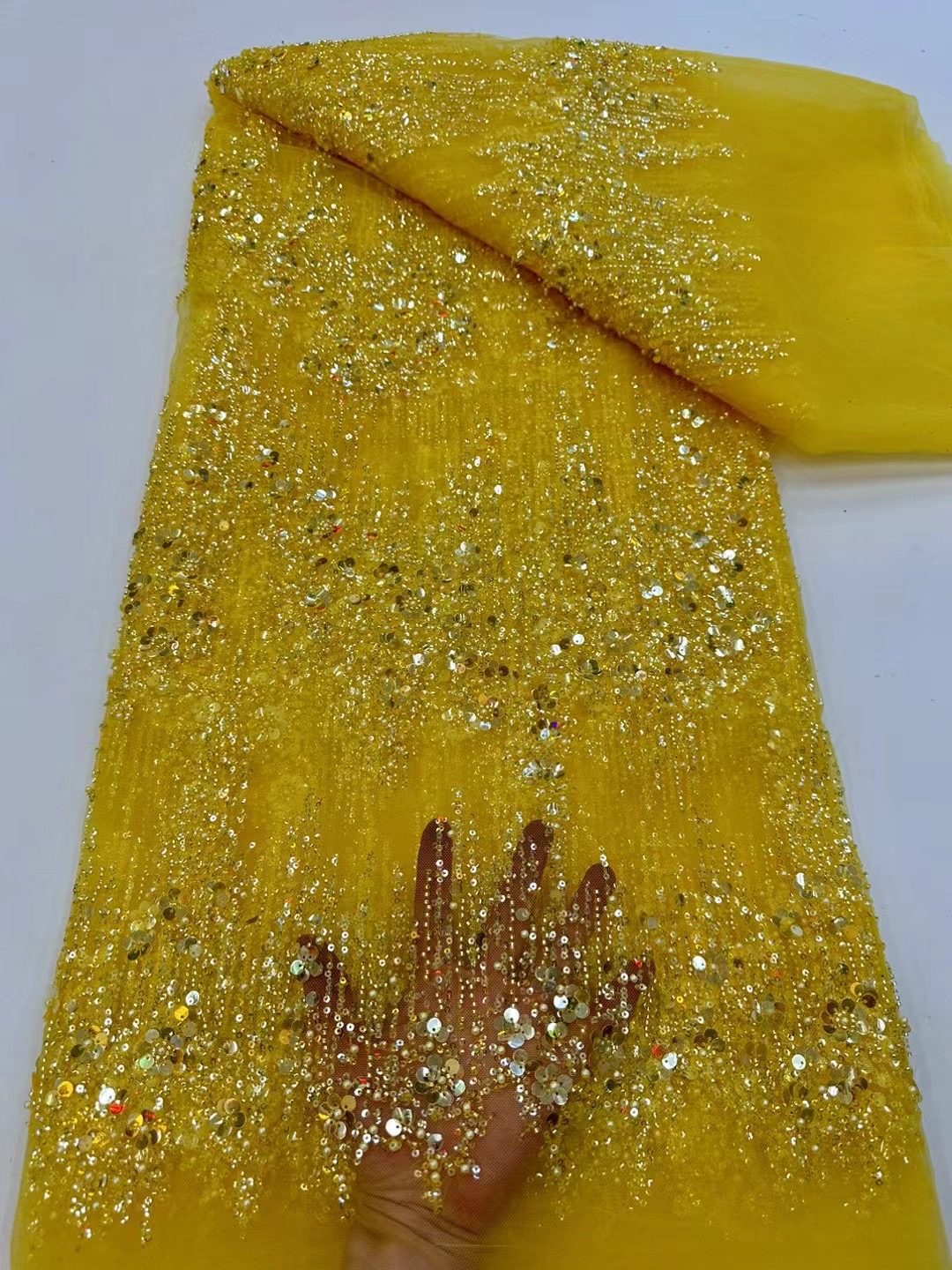 Luxe gele pailletten buis kralen kant stof voor bruiloft 2025, nieuw ontwerp Franse Afrikaanse tule mesh kant voor avondjurk