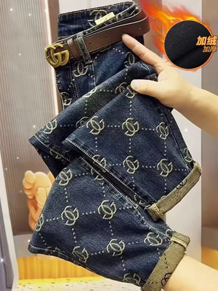 2025 nova tendência grosso retro jeans feminino bordado cintura alta harem calças inverno outono causal solto capri calças